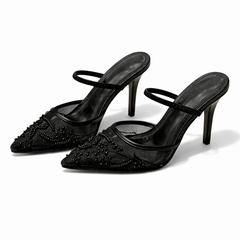 Hannah Embroidered Mesh Mule Heels