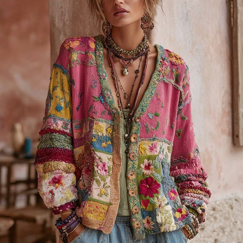 Wren | Cozy Patchwork Floral Knit Cardigan